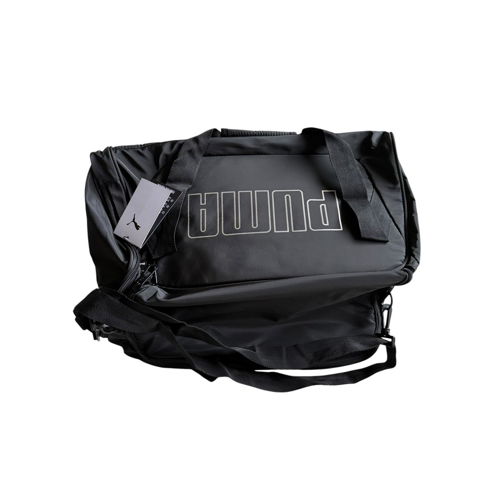 PUMA Duffel Bag Black Silver Logo Adjustable Strap Unisex OS NWT Gym Workout New